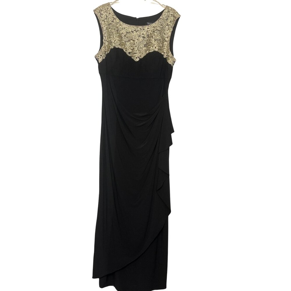 Elegant SL Fashions Black Maxi Dress With Gold Embellished Lace Bodice & Draped